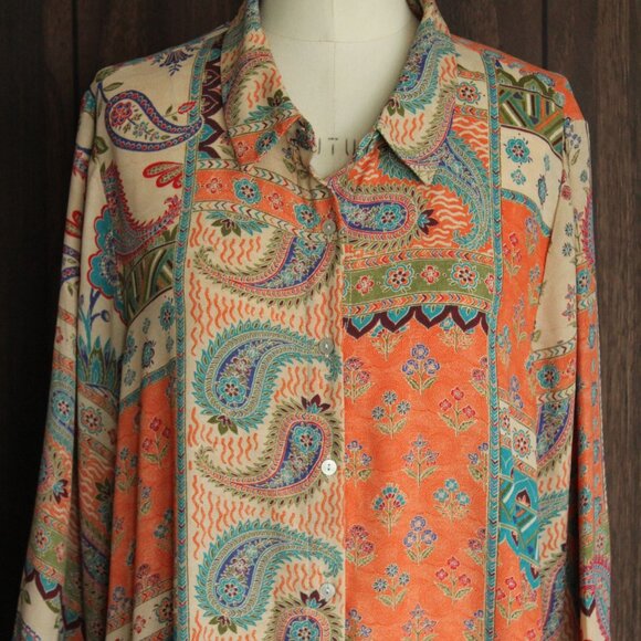 Rose & Olive Womens Blouse, Plus Size 1X, Orange Multicolor Paisley Print, - Picture 3 of 10